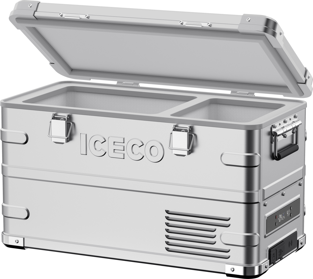 Réfrigérateur/congélateur ICECO 35L double zone en argent, frigo portable avec compartiments séparés, pour accessoires et stockage.