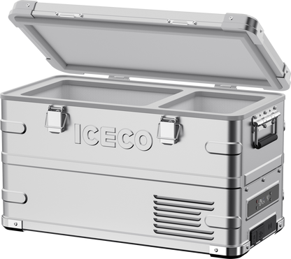 Réfrigérateur/congélateur ICECO 35L double zone en argent, frigo portable avec compartiments séparés, pour accessoires et stockage.