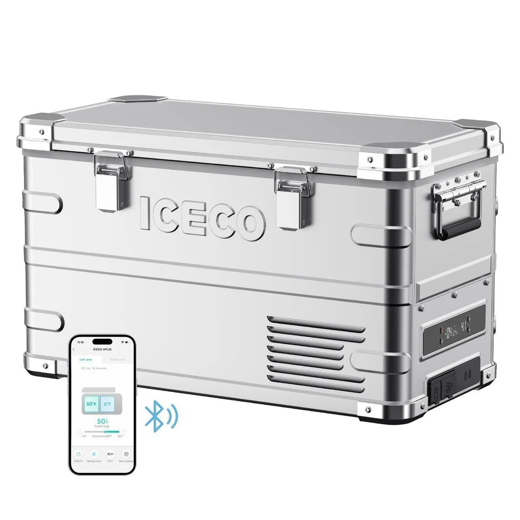Réfrigérateur/congélateur ICECO 35L double zone en argent, capacité pour aliments et boissons, design compact.