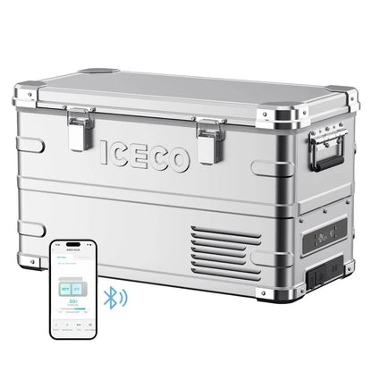 Réfrigérateur/congélateur ICECO 35L double zone en argent, capacité pour aliments et boissons, design compact.