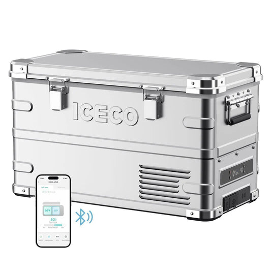 Réfrigérateur/congélateur ICECO 35L double zone en argent, capacité pour aliments et boissons, design compact.