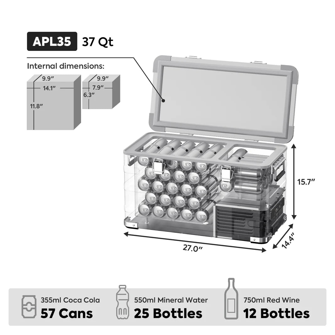 Réfrigérateur/congélateur ICECO 35L double zone en argent, compact avec compartiments séparés pour refroidir et congeler.