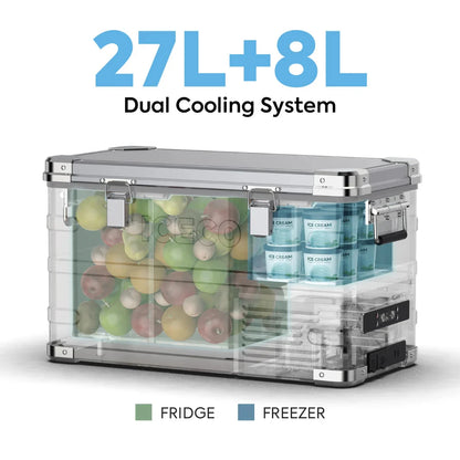 Réfrigérateur/congélateur ICECO 35L double zone en argent, frigo portable avec compartiments séparés, pour voyage ou camping.
