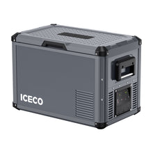 Réfrigérateur/congélateur ICECO 45L gris avec double compartiment, image montrant l’intérieur et les zones de stockage.