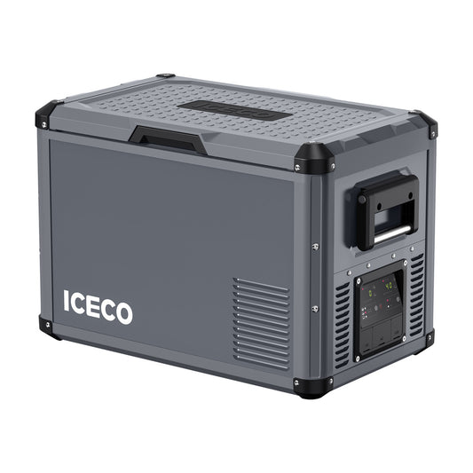 Réfrigérateur/congélateur ICECO 45L gris avec double compartiment, image montrant l’intérieur et les zones de stockage.
