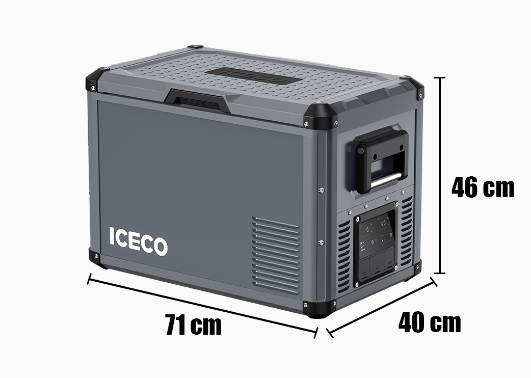 Réfrigérateur/congélateur ICECO 45L gris avec double compartiment, compact et pratique pour le stockage alimentaire.