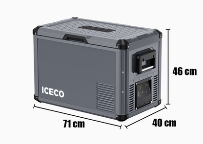 Réfrigérateur/congélateur ICECO 45L gris avec double compartiment, compact et pratique pour le stockage alimentaire.