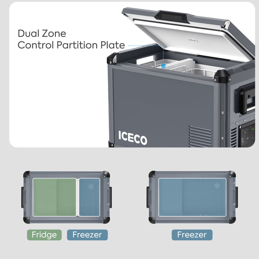 Réfrigérateur/congélateur ICECO 45L gris avec double compartiment, compact et portable pour stockage alimentaire.