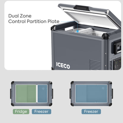 Réfrigérateur/congélateur ICECO 45L gris avec double compartiment, compact et portable pour stockage alimentaire.