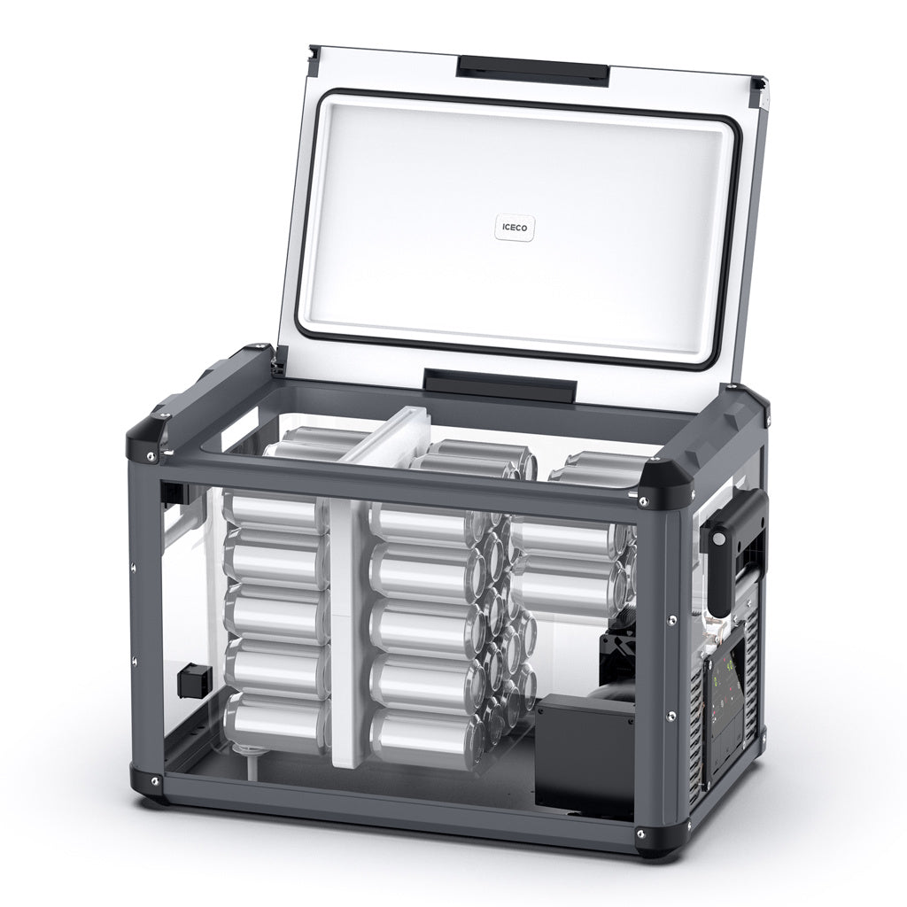 Réfrigérateur/congélateur ICECO 45L double compartiment en gris avec portes séparées, conçu pour le stockage portable et pratique.