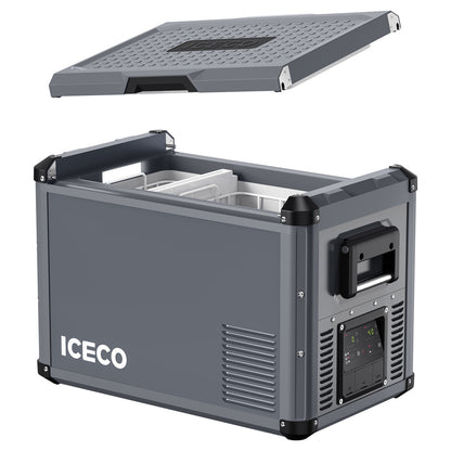 Réfrigérateur/congélateur ICECO 45L gris avec double compartiment, compact et pratique pour le stockage alimentaire.
