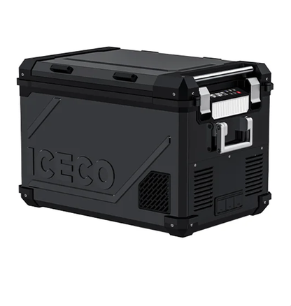 Réfrigérateur/congélateur ICECO 55L noir avec double compartiment, visible en image, pour stockage alimentaire.