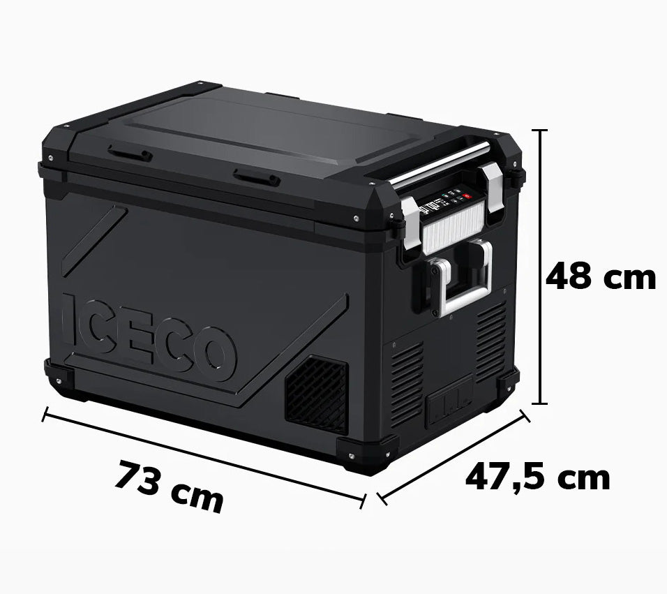 Réfrigérateur/congélateur ICECO 55L noir avec double compartiment, design compact et pratique pour le stockage alimentaire.