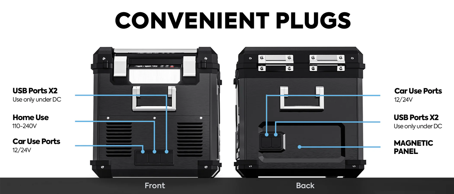 Réfrigérateur/congélateur ICECO 55L noir avec double compartiment, image montrant porte et intérieur du frigo.
