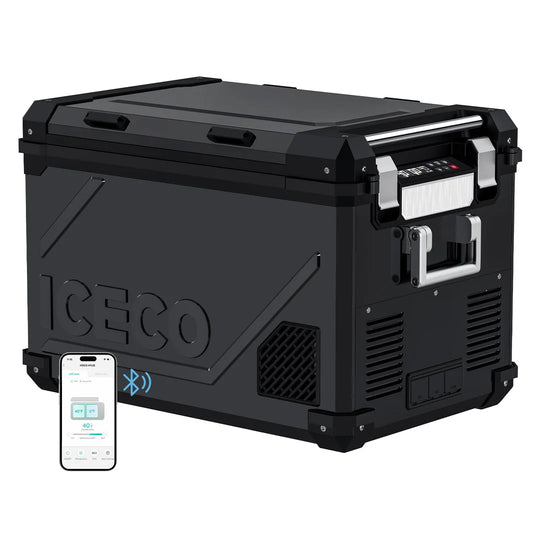 Réfrigérateur/congélateur ICECO 55L noir avec double compartiment, image montrant l'intérieur et l'extérieur du frigo ICECO.