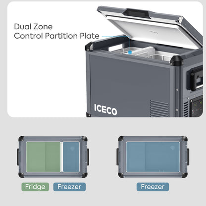 Réfrigérateur/congélateur ICECO 75L gris avec deux compartiments, compact et pratique pour le stockage alimentaire.