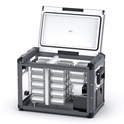 Réfrigérateur/congelateur ICECO 75L double compartiment, gris, avec portes, pour stockage d'aliments et boissons.