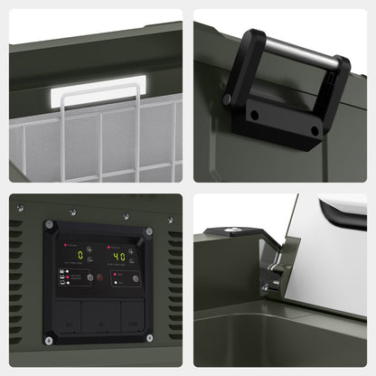 Réfrigérateur/congélateur ICECO 75L gris avec double compartiment, vue de face montrant les portes et le design compact.