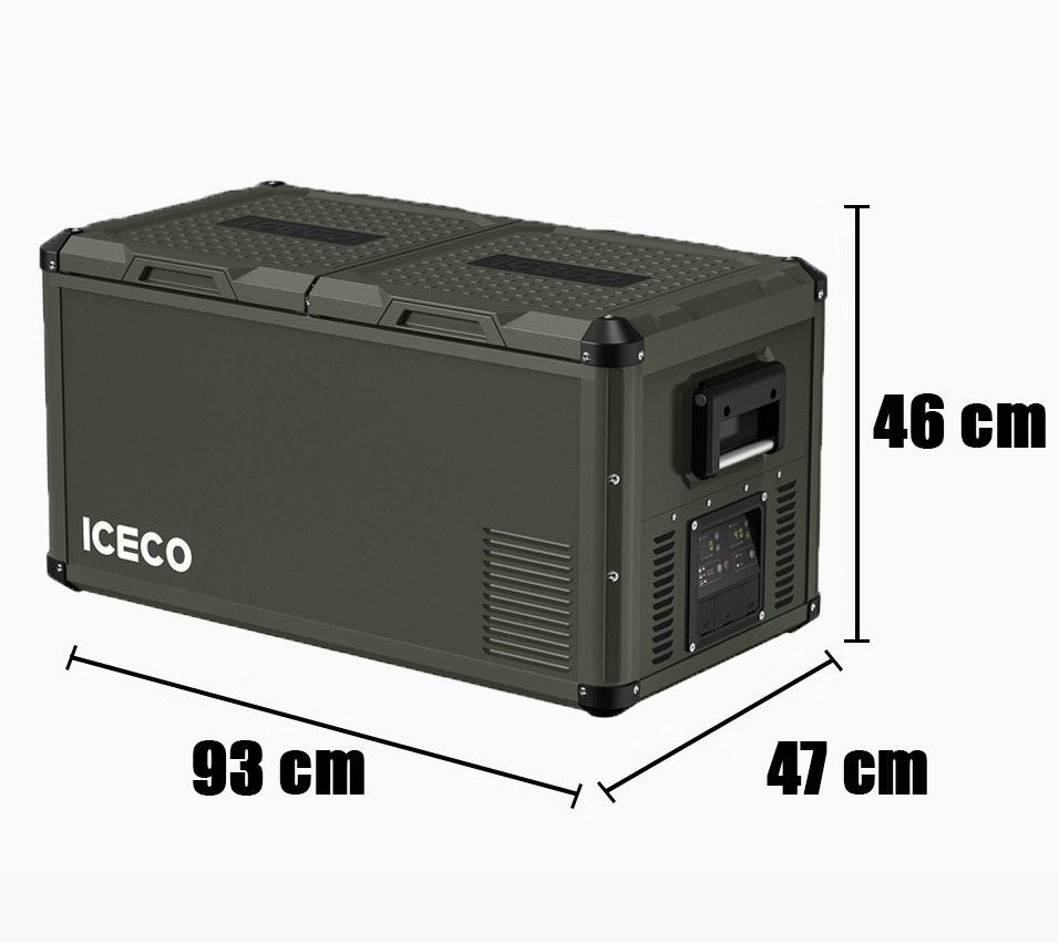 Réfrigérateur/congélateur ICECO 75L gris avec double compartiment, vue de face montrant les portes et le design compact.
