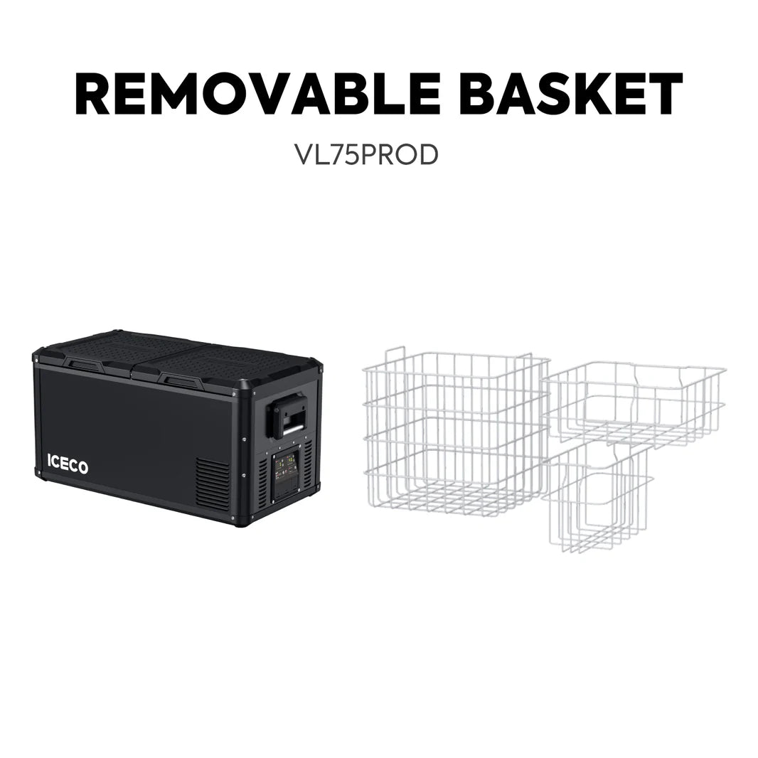 Réfrigérateur/congélateur ICECO 75L double compartiment gris, intérieur avec étagères et compartiments pour stockage alimentaire.