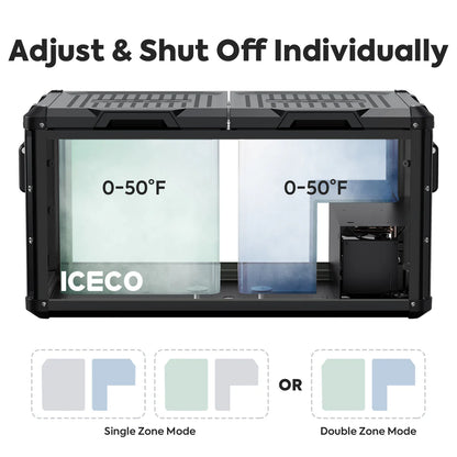 Réfrigérateur ICECO 75L avec double compartiment en gris, vue de face montrant les portes et l'intérieur spacieux.