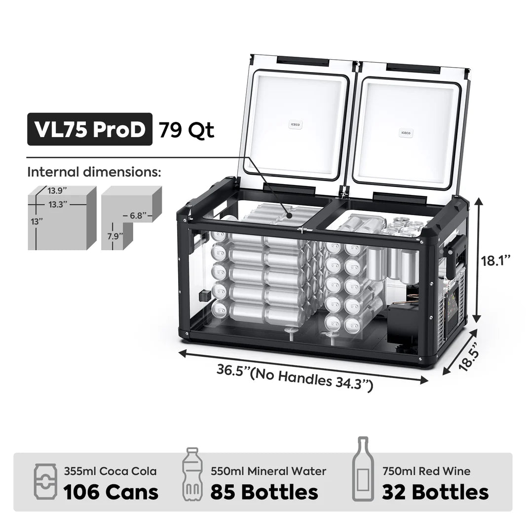 Réfrigérateur/congélateur ICECO 75L gris avec double compartiment, vue de l'extérieur, porte fermée et poignée visible.