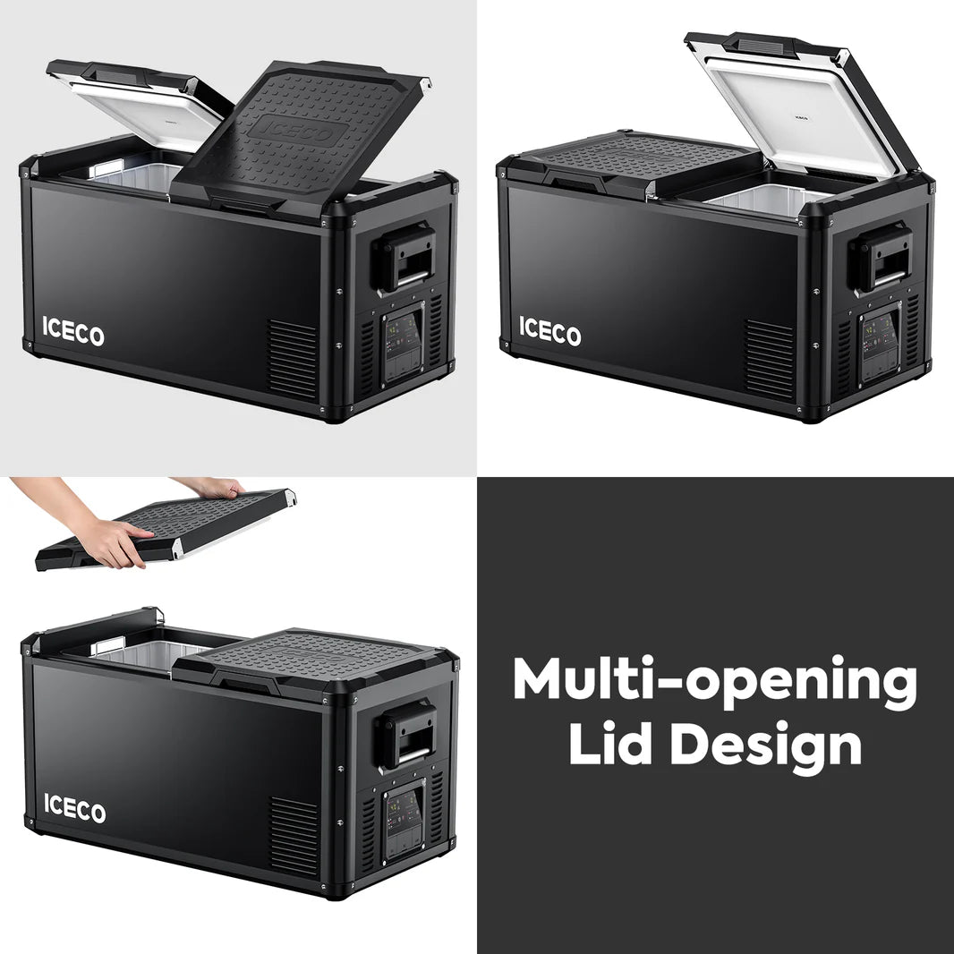 Réfrigérateur/congélateur ICECO 75L double compartiment gris, vue de face avec portes ouvertes, éléments intérieurs visibles.