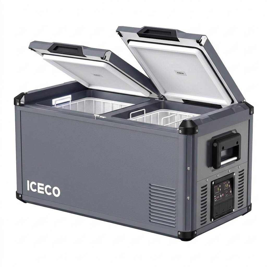Réfrigérateur/congélateur ICECO 75L gris avec double compartiment, vue de face, ligne moderne et poignées intégrées.