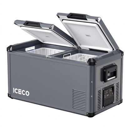 Réfrigérateur/congélateur ICECO 75L gris avec double compartiment, vue de face, ligne moderne et poignées intégrées.