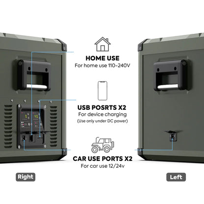 Réfrigérateur/congélateur ICECO 75L double compartiment en vert, avec portes et étagères visibles.