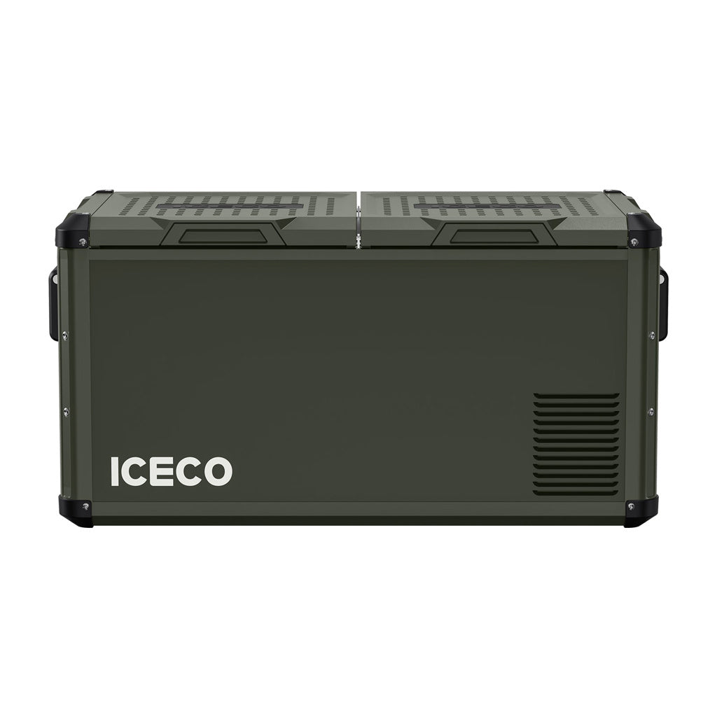 Réfrigérateur/congélateur ICECO 75L vert avec double compartiment, pour stockage alimentaire portable et pratique.