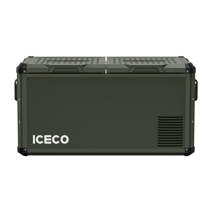 Réfrigérateur/congélateur ICECO 75L vert avec double compartiment, pour stockage alimentaire portable et pratique.