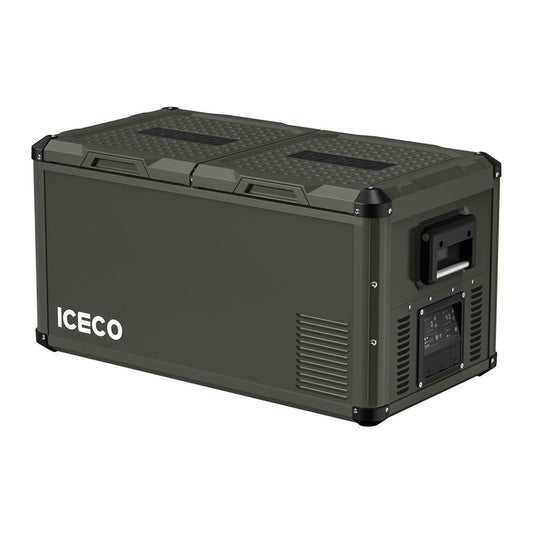Réfrigérateur/congélateur ICECO 75L double compartiments vert, intérieur avec étagères et compartiments, pour stockage frigorifique.