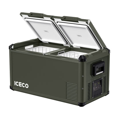 Réfrigérateur/congélateur ICECO 75L double compartiment en vert, compact et pratique pour stockage alimentaire.