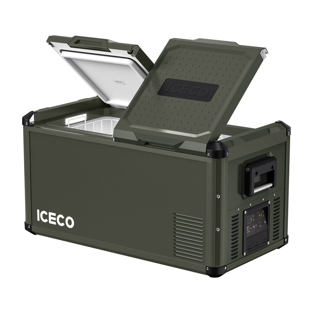 Réfrigérateur/congélateur ICECO 75L double compartiments vert, vue de face avec portes ouvertes, intérieur organisé pour stockage.