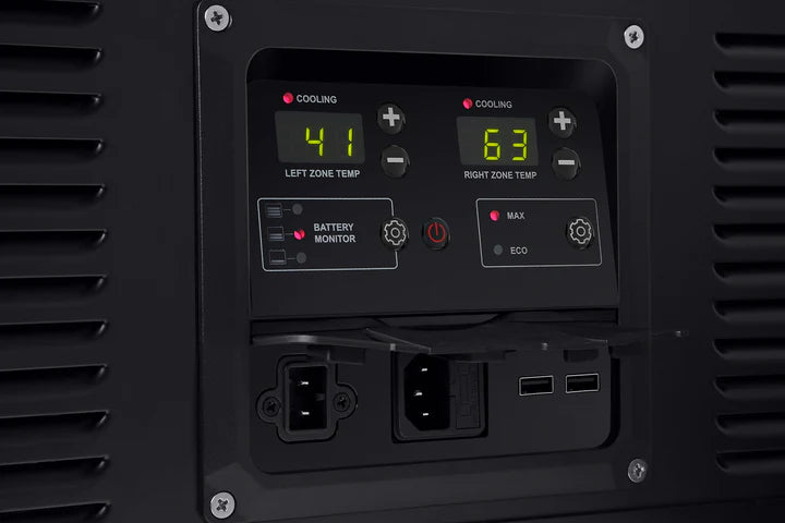 Réfrigérateur/congélateur ICECO 90L double compartiments noir, avec portes séparées et intérieur spacieux.