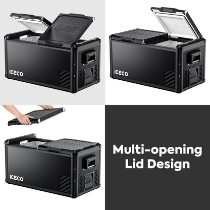 Réfrigérateur/congélateur ICECO 90L noir avec double compartiment, compact et pratique pour le stockage alimentaire.