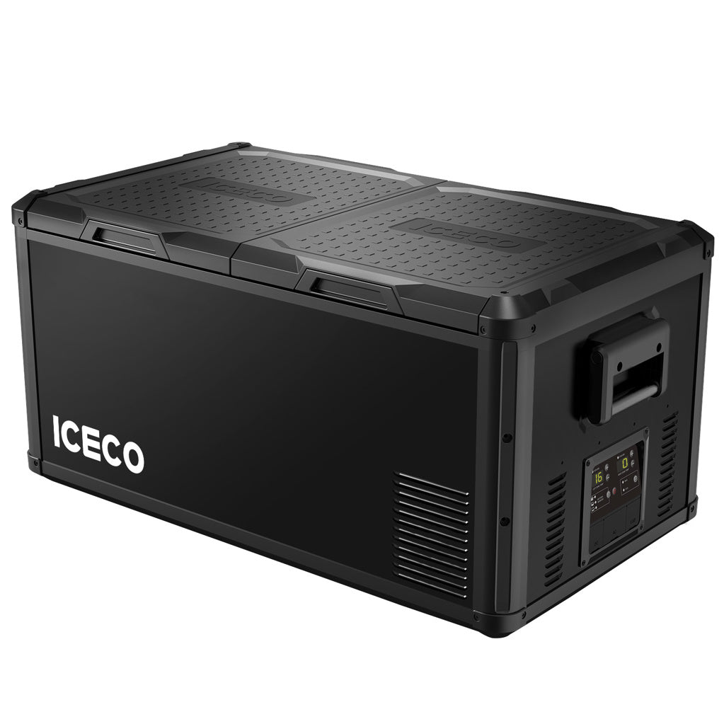 Réfrigérateur et congélateur ICECO 90L double compartiment noir, appareil de stockage alimentaire compact et pratique.