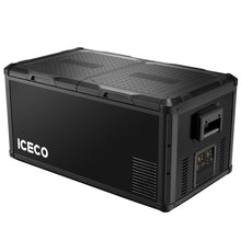 Réfrigérateur et congélateur ICECO 90L double compartiment noir, appareil de stockage alimentaire compact et pratique.