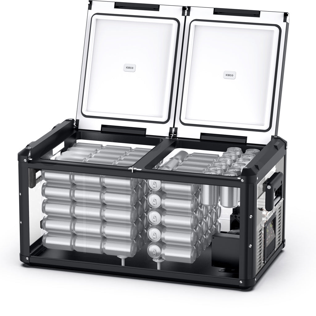Réfrigérateur congélateur ICECO 90L noir avec double compartiment, porte noire, images du frigo et accessoires.