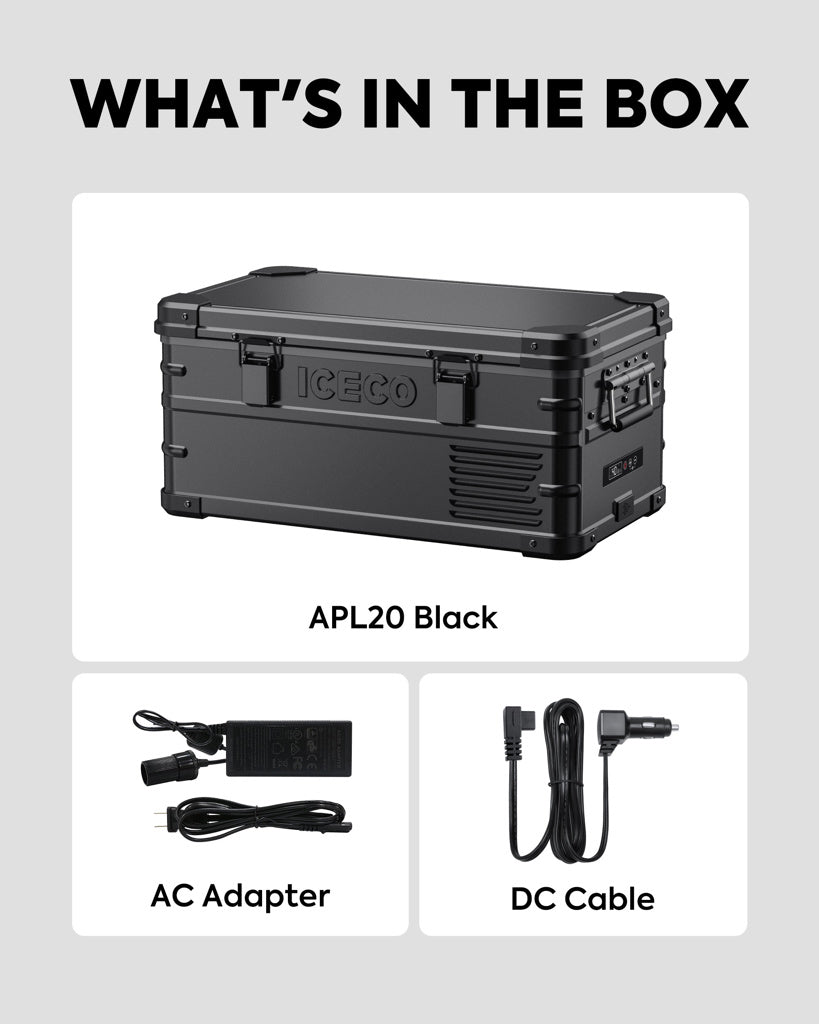 Réfrigérateur ICECO APL20 20L noir portable et connecté, idéal pour conserver aliments et boissons en déplacement.