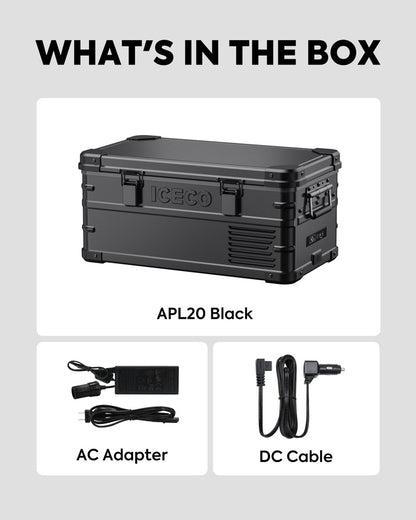Réfrigérateur ICECO APL20 20L noir portable et connecté, idéal pour conserver aliments et boissons en déplacement.