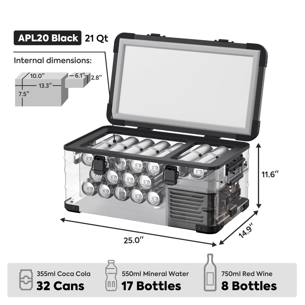 Réfrigérateur ICECO APL20 20L noir, portable et connecté, pour conserver aliments et boissons en déplacement.