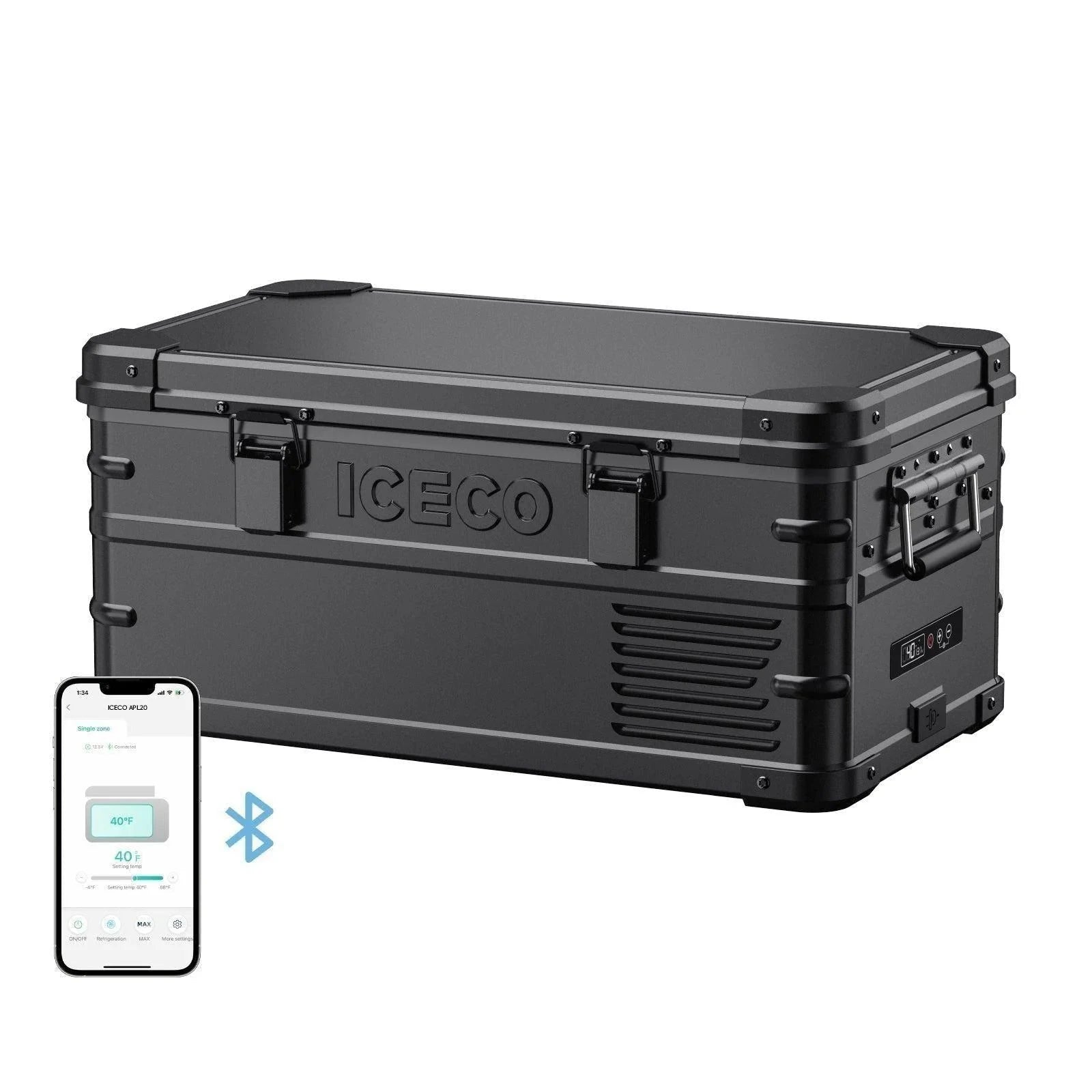 Réfrigérateur portable ICECO APL20 20L en noir, connecté, pour le camping ou les déplacements, avec compartiments et poignée.
