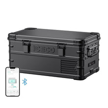 Réfrigérateur portable ICECO APL20 20L en noir, connecté, pour le camping ou les déplacements, avec compartiments et poignée.
