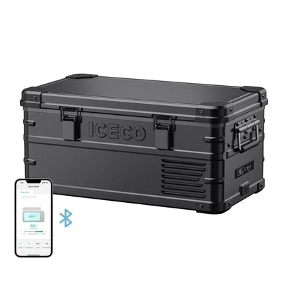 Réfrigérateur portable ICECO APL20 20L en noir, connecté, pour le camping ou les déplacements, avec compartiments et poignée.