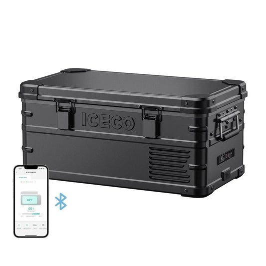 Réfrigérateur portable ICECO APL20 20L en noir, connecté, pour le camping ou les déplacements, avec compartiments et poignée.