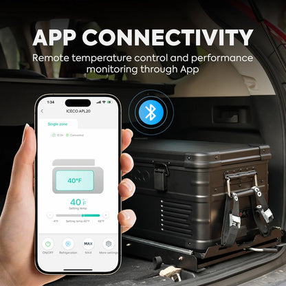 Réfrigérateur portable ICECO APL20 20L en noir, connecté, compact et pratique pour conserver aliments et boissons.