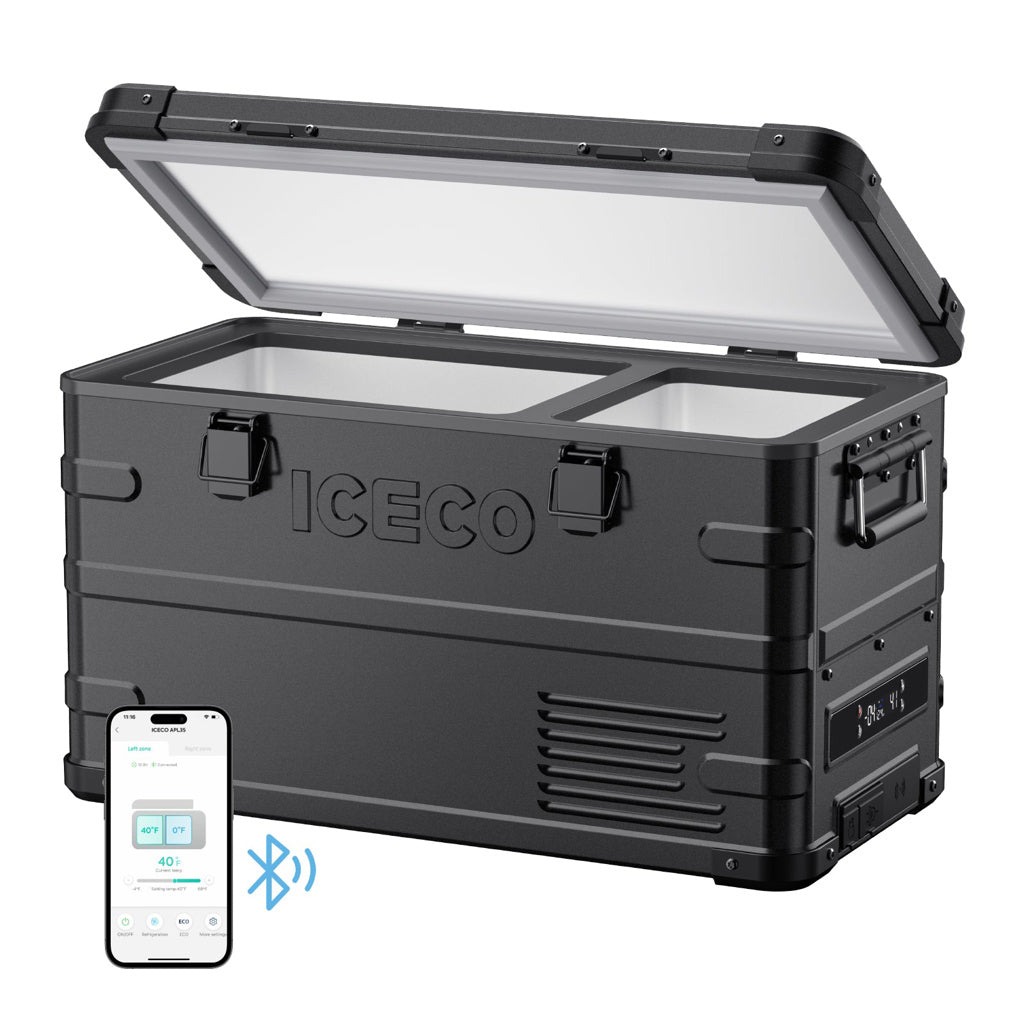 Réfrigérateur/congélateur ICECO APL35 35L double zone noir, appareil compact pour le stockage froid et glacé.