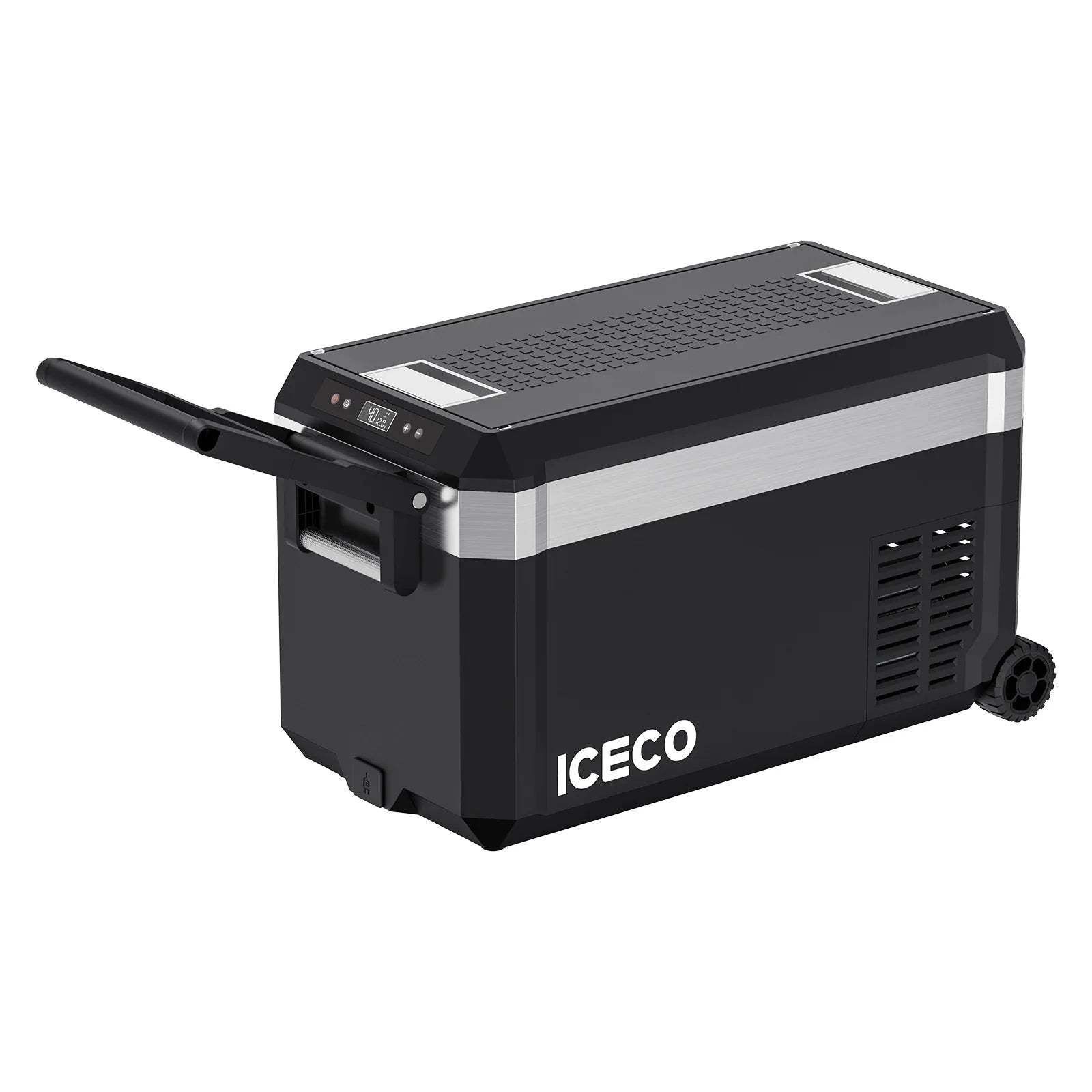 Réfrigérateur congélateur ICECO JP30 PROS, 30L, zone unique, en métal noir, avec poignée et affichage numérique.